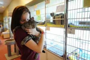 trainer hugging a cat